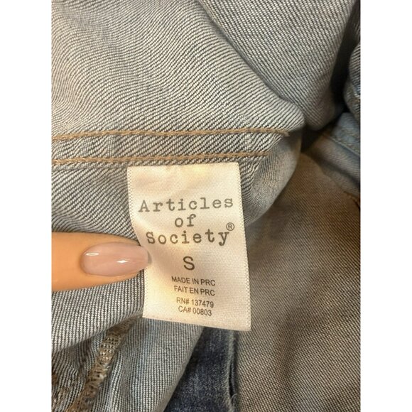 Articles Of Society Distressed Denim Jacket Size Small Raw Hem Blue Jean - Picture 13 of 15